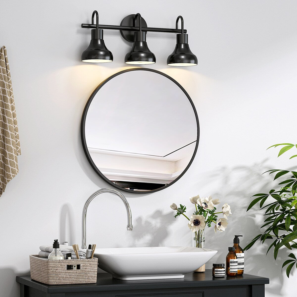 3-Light Bathroom Vanity Light Fixture with Metal Shade, Wall Light Over Mirror
