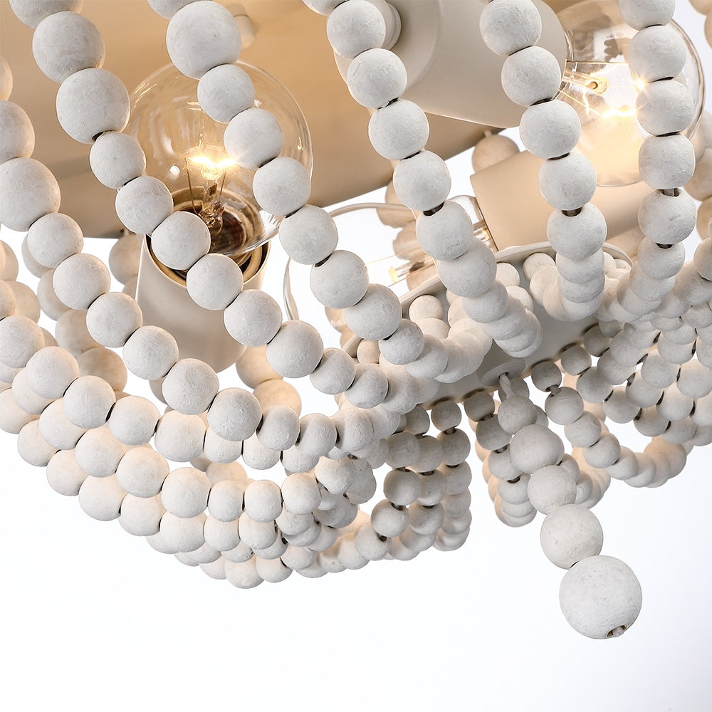 3-Light Bohemia Antique White Wood Beaded Flush Mount Ceiling Light