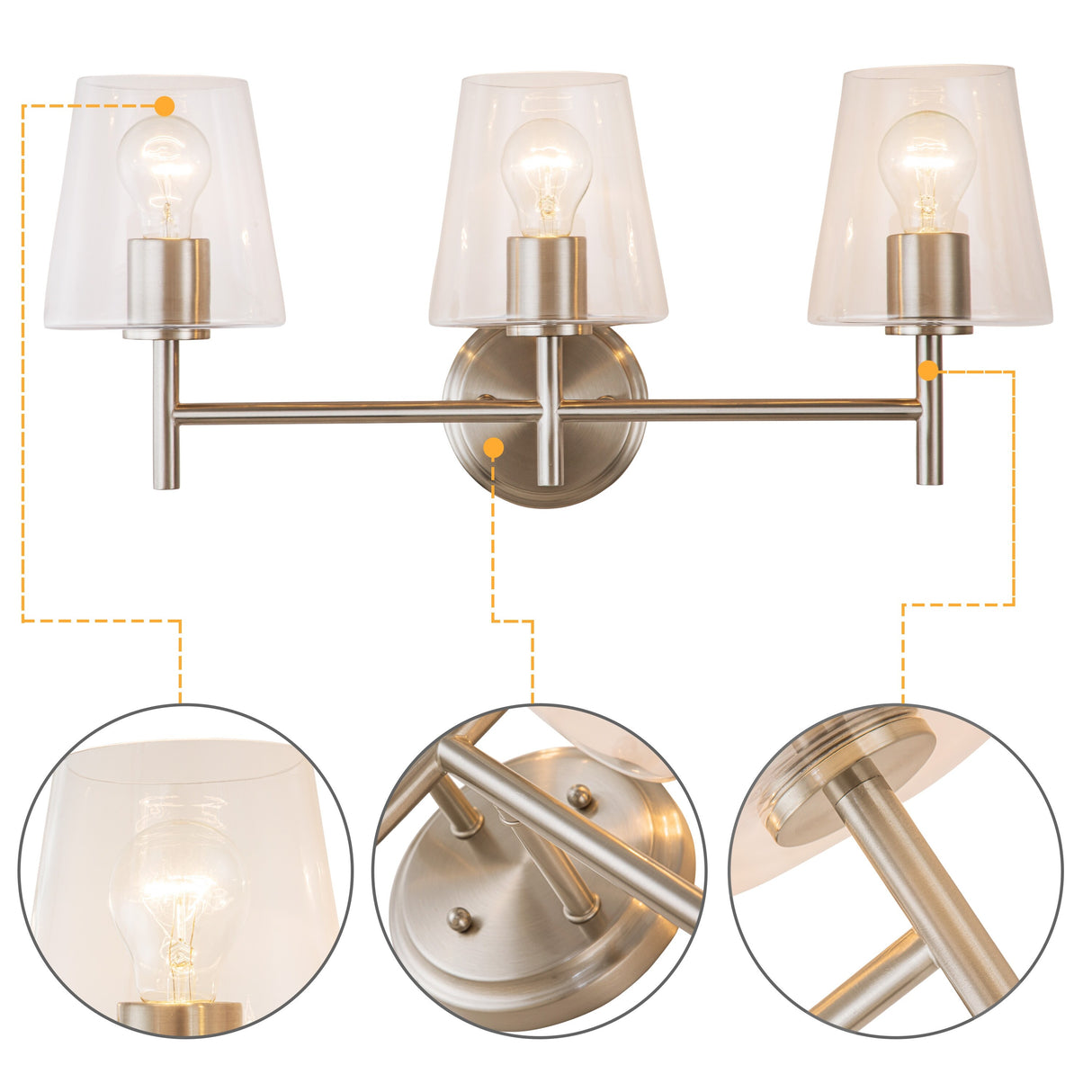 C Cattleya 3-Light Brushed Nickel Vanity Light with Clear Glass Shade