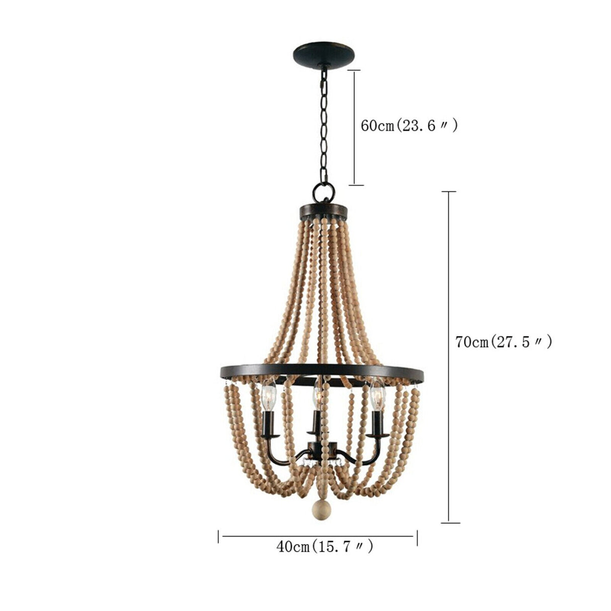Bohemian 3-Light Wood Beaded Empire Chandelier Adjustable - 15" X 50"