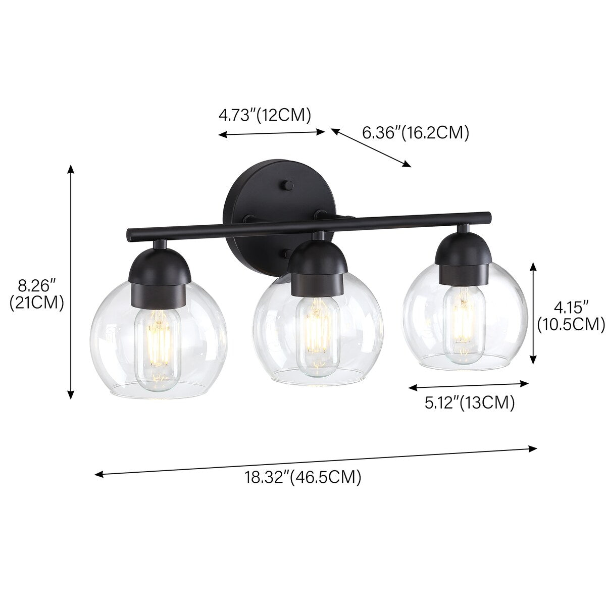 3-Light Metal Bathroom Vanity Lights Glass Shade Wall Sconces