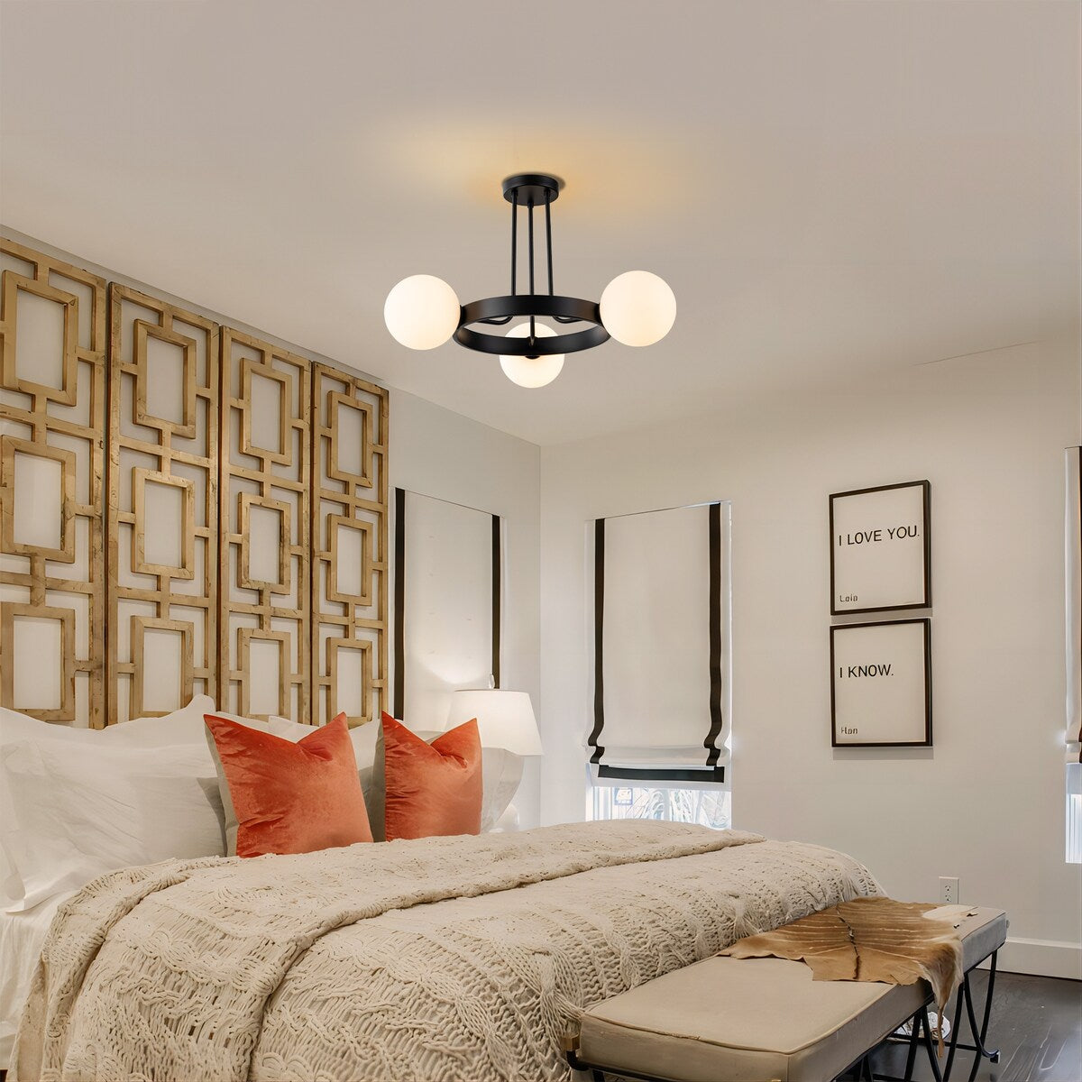 3-Light Modern Black Wheel Round Frosted Opal Glass Globe Bubble Semi-Flush Mount Ceiling Light - 26.7 in. W x 15.7 in. H