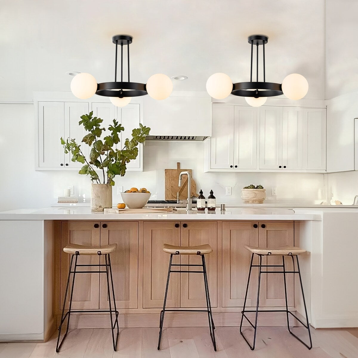 3-Light Modern Black Wheel Round Frosted Opal Glass Globe Bubble Semi-Flush Mount Ceiling Light - 26.7 in. W x 15.7 in. H