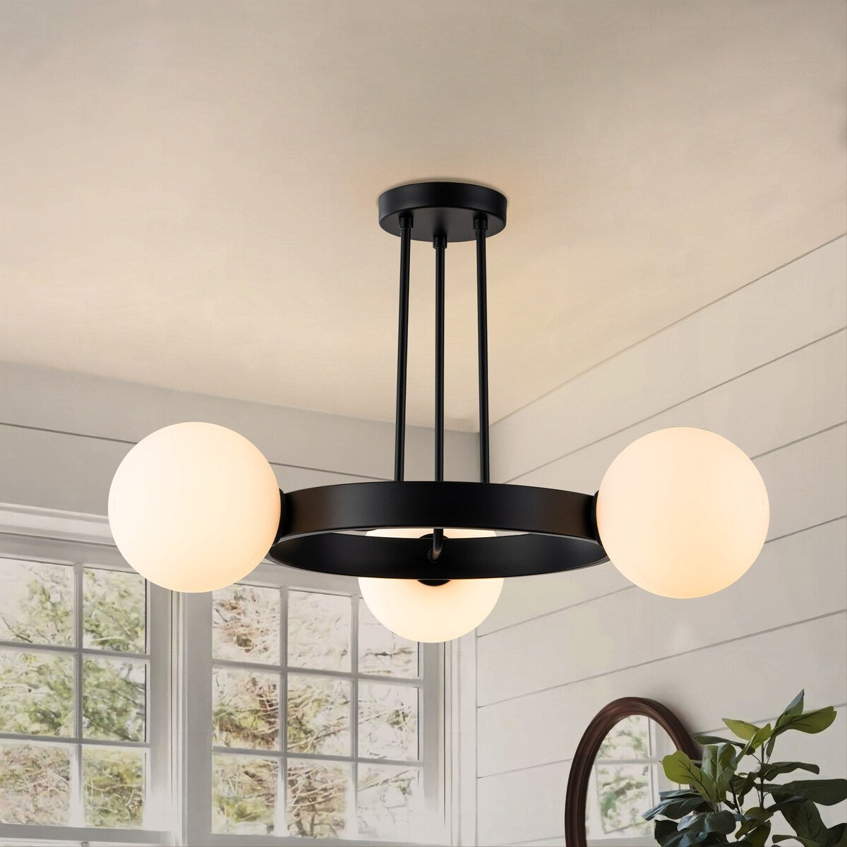3-Light Modern Black Wheel Round Frosted Opal Glass Globe Bubble Semi-Flush Mount Ceiling Light - 26.7 in. W x 15.7 in. H