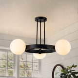 3-Light Modern Black Wheel Round Frosted Opal Glass Globe Bubble Semi-Flush Mount Ceiling Light - 26.7 in. W x 15.7 in. H