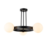 3-Light Modern Black Wheel Round Frosted Opal Glass Globe Bubble Semi-Flush Mount Ceiling Light - 26.7 in. W x 15.7 in. H