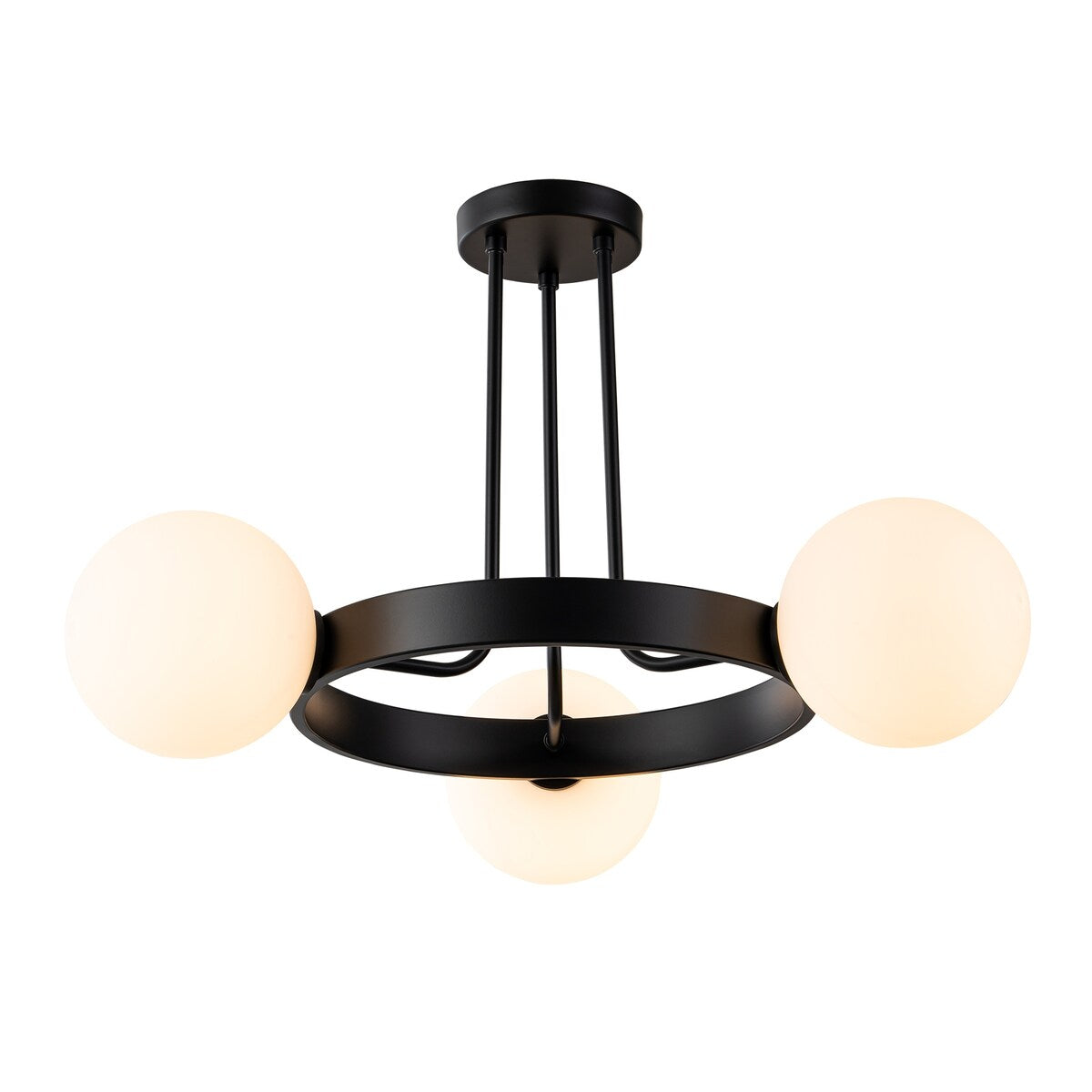 3-Light Modern Black Wheel Round Frosted Opal Glass Globe Bubble Semi-Flush Mount Ceiling Light - 26.7 in. W x 15.7 in. H