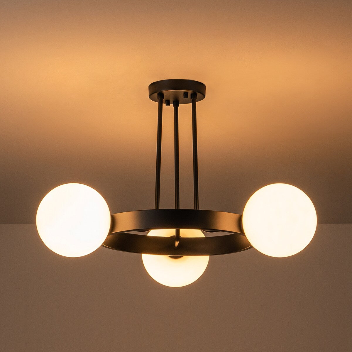 3-Light Modern Black Wheel Round Frosted Opal Glass Globe Bubble Semi-Flush Mount Ceiling Light - 26.7 in. W x 15.7 in. H