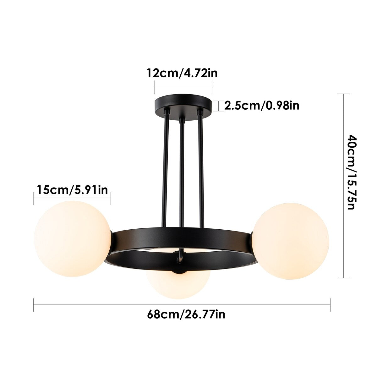 3-Light Modern Black Wheel Round Frosted Opal Glass Globe Bubble Semi-Flush Mount Ceiling Light - 26.7 in. W x 15.7 in. H