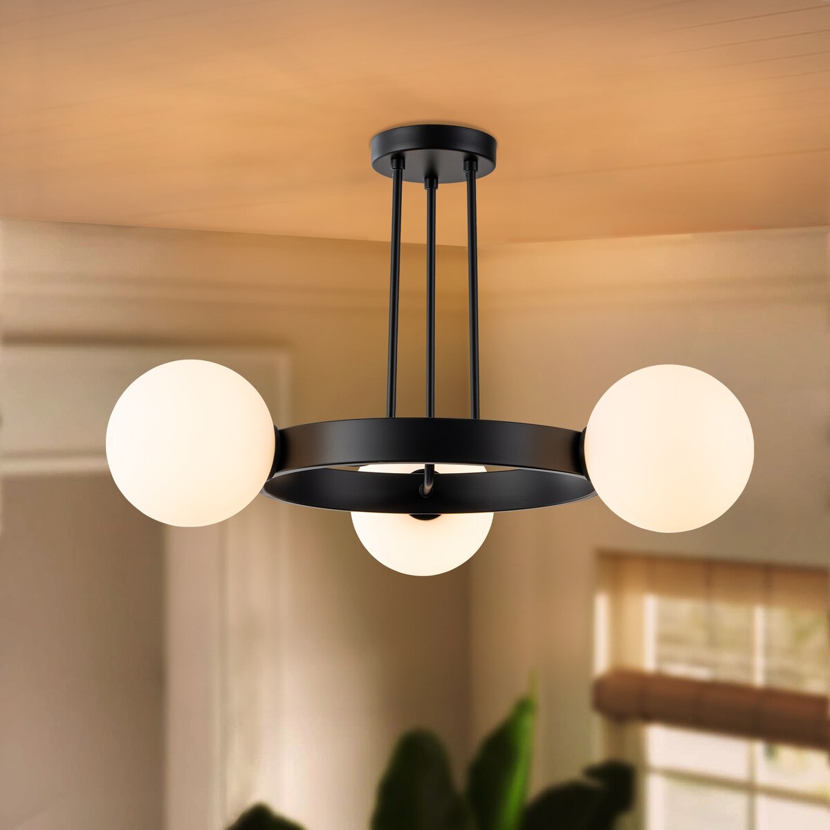 3-Light Modern Black Wheel Round Frosted Opal Glass Globe Bubble Semi-Flush Mount Ceiling Light - 26.7 in. W x 15.7 in. H