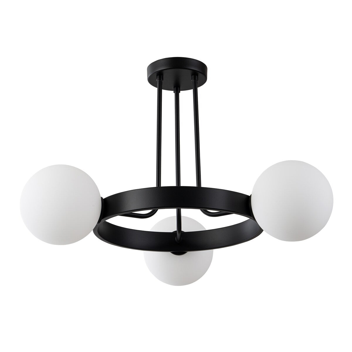 3-Light Modern Black Wheel Round Frosted Opal Glass Globe Bubble Semi-Flush Mount Ceiling Light - 26.7 in. W x 15.7 in. H