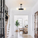 3-Light Modern Black Wheel Round Frosted Opal Glass Globe Bubble Semi-Flush Mount Ceiling Light - 26.7 in. W x 15.7 in. H