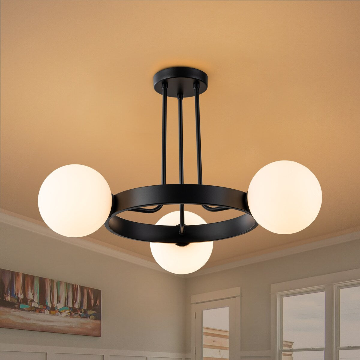 3-Light Modern Black Wheel Round Frosted Opal Glass Globe Bubble Semi-Flush Mount Ceiling Light - 26.7 in. W x 15.7 in. H