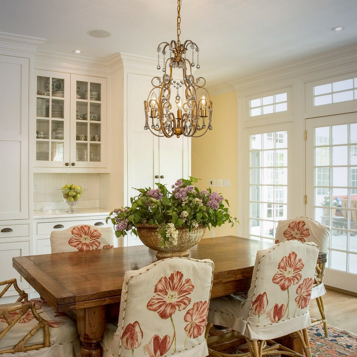 3-Lights Mid-Century Antique Gold Traditional Candle Style Chandelier with Glass Droplets-OB