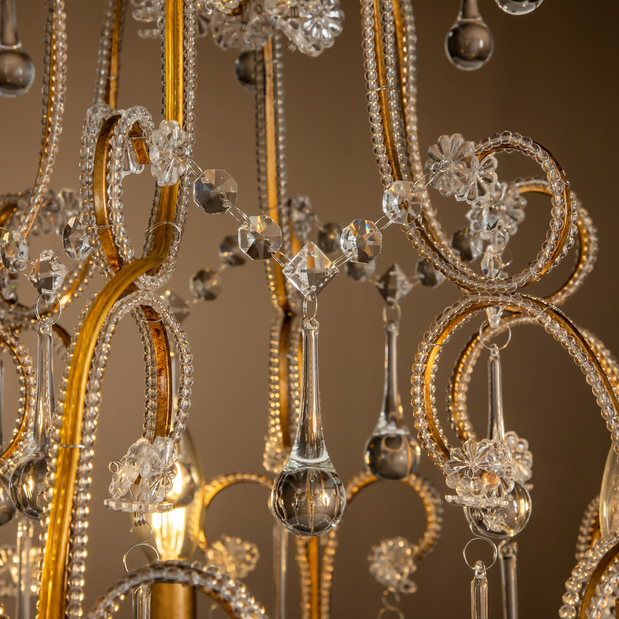 3-Lights Mid-Century Antique Gold Traditional Candle Style Chandelier with Glass Droplets-OB