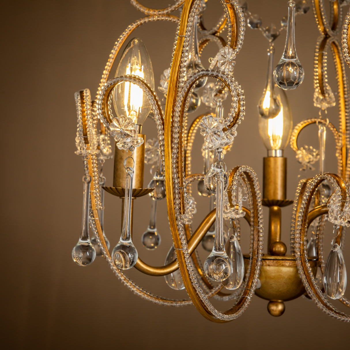 3-Lights Mid-Century Antique Gold Traditional Candle Style Chandelier with Glass Droplets-OB