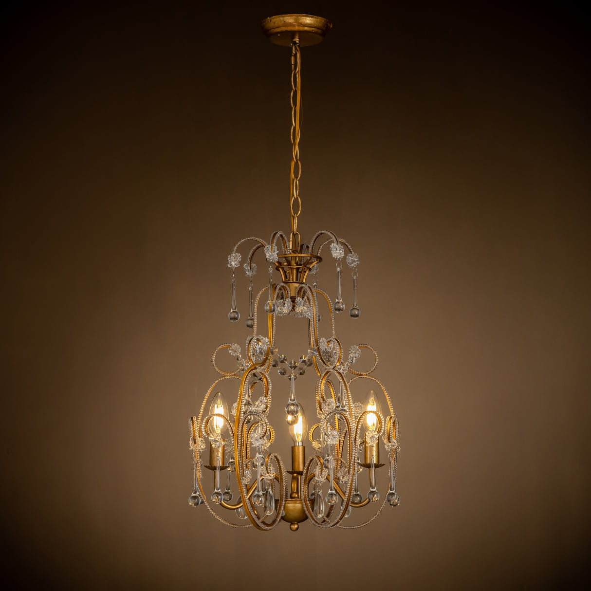 3-Lights Mid-Century Antique Gold Traditional Candle Style Chandelier with Glass Droplets-OB