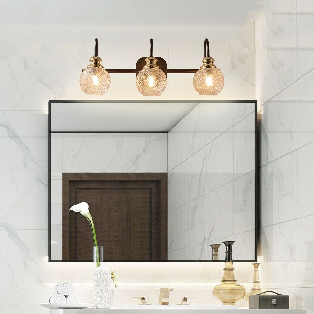 3-Lights Vanity Bathroom Lamp in Black with Bubble Glass Shades