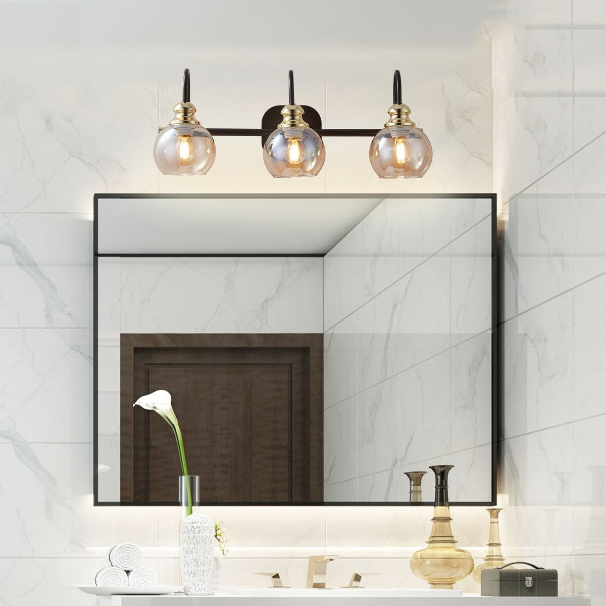 3-Lights Vanity Bathroom Lamp in Black with Bubble Glass Shades