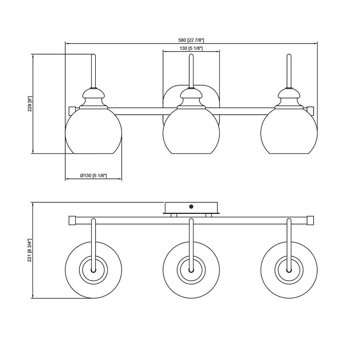 3-Lights Vanity Bathroom Lamp in Black with Bubble Glass Shades