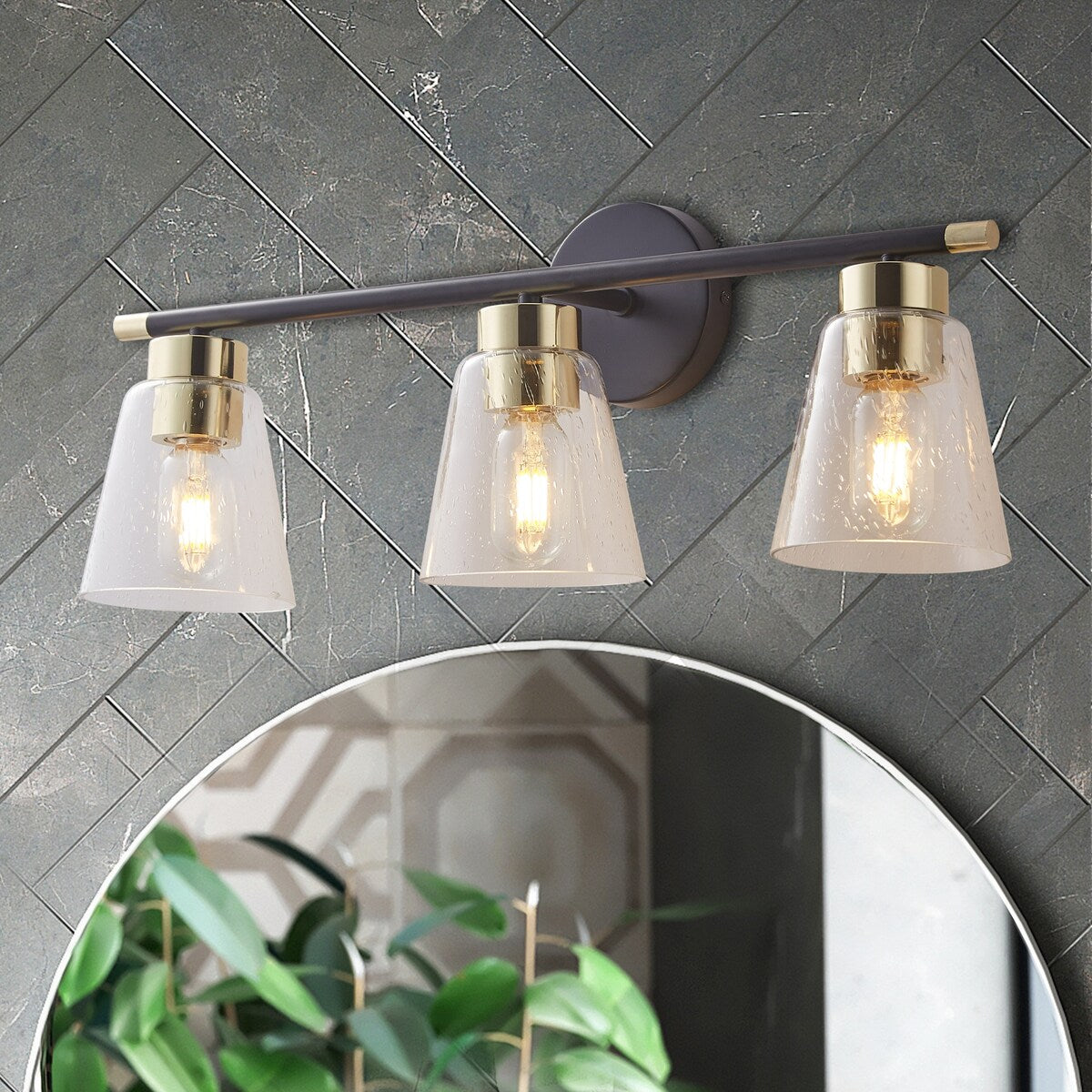 3-Lights Vanity Bathroom Lamp in Black with Bubble Glass Shades