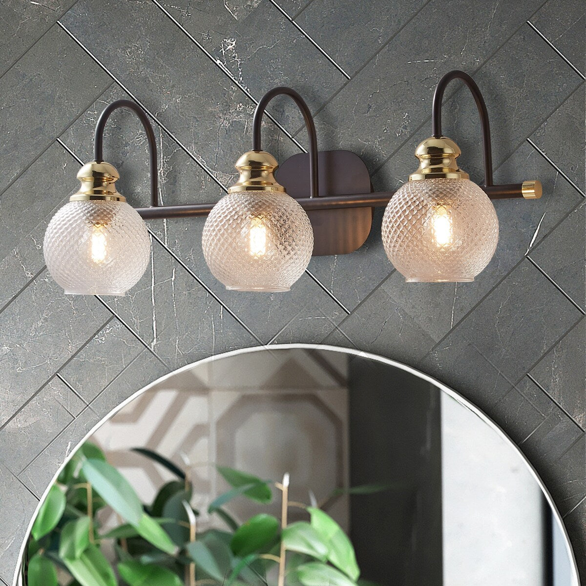 3-Lights Vanity Bathroom Lamp in Black with Bubble Glass Shades