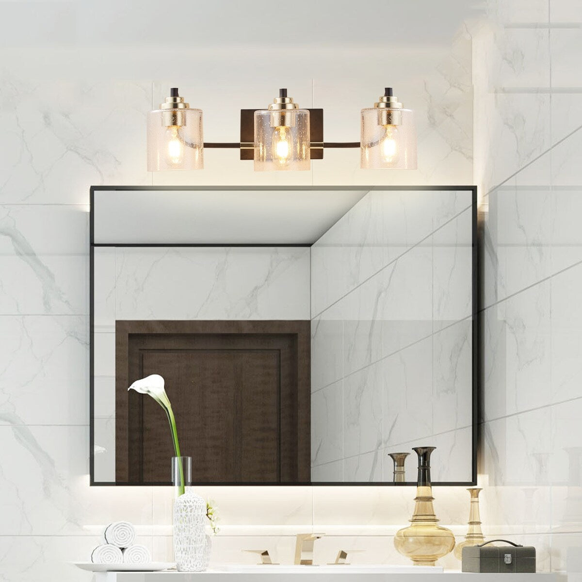 3-Lights Vanity Bathroom Lamp in Black with Bubble Glass Shades