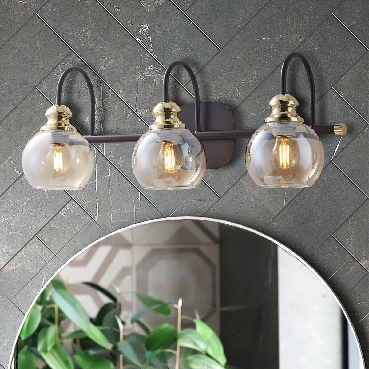 3-Lights Vanity Bathroom Lamp in Black with Bubble Glass Shades