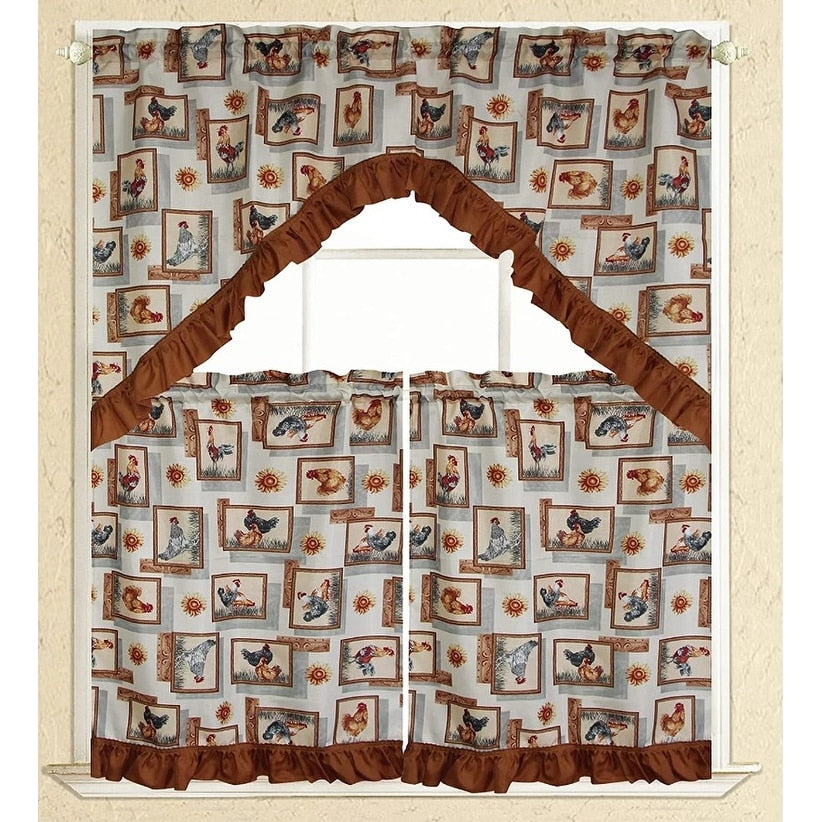 3 Piece Kitchen Curtain Rod Pocket Decorative Window Treatment Valance & Swag Curtain Set
