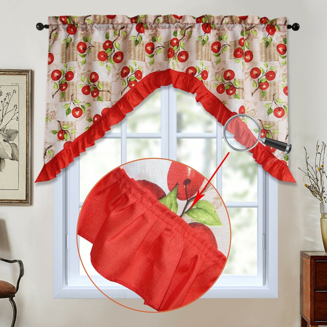 3 Piece Kitchen Curtain Rod Pocket Decorative Window Treatment Valance & Swag Curtain Set