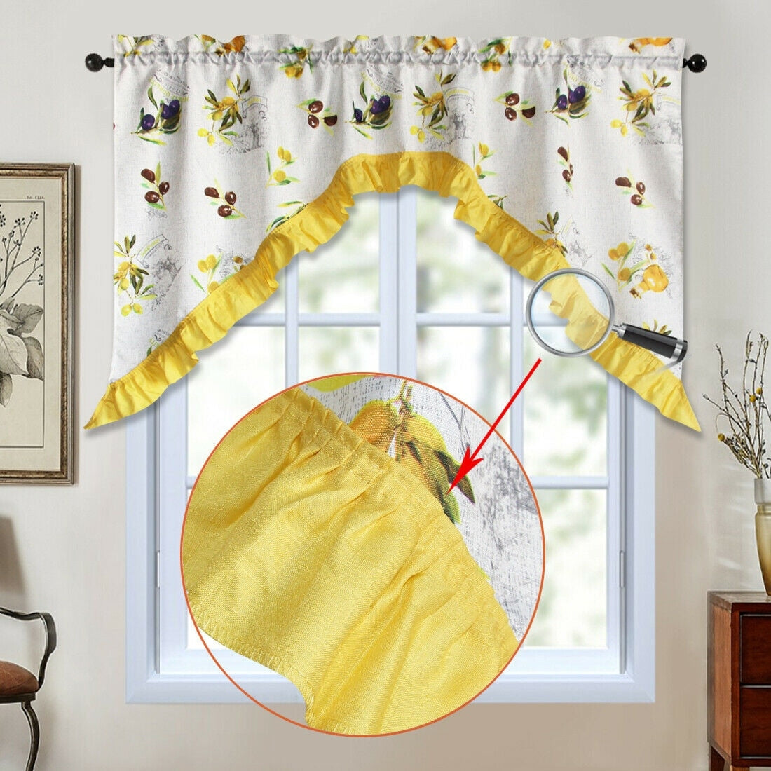 3 Piece Kitchen Curtain Rod Pocket Decorative Window Treatment Valance & Swag Curtain Set