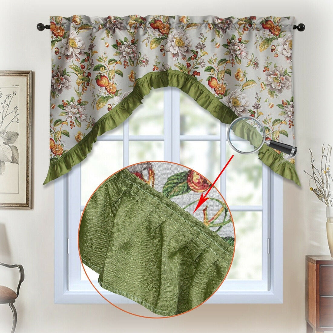 3 Piece Kitchen Curtain Rod Pocket Decorative Window Treatment Valance & Swag Curtain Set