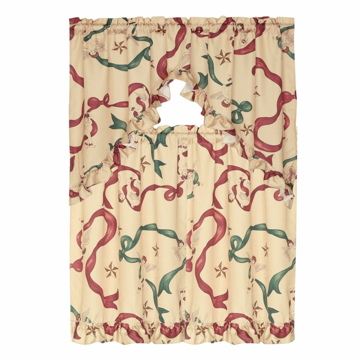 3 PC Ruffled Swag Valance & Tiers Christmas Decorative Kitchen Curtain Set