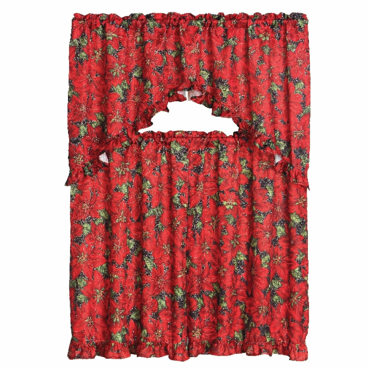 3 PC Ruffled Swag Valance & Tiers Christmas Decorative Kitchen Curtain Set