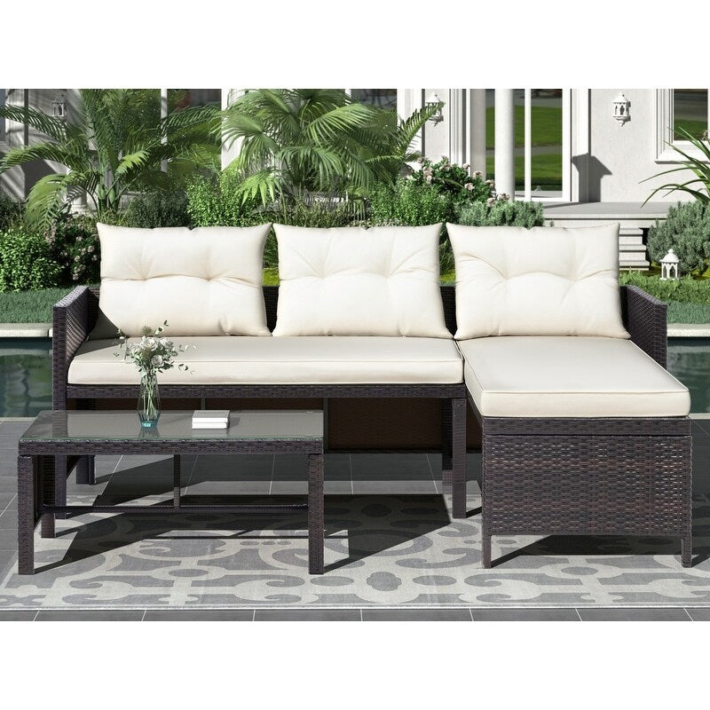 3 PCS Outdoor Rattan Furniture Sofa Set with Beige cushions and table