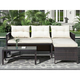 3 PCS Outdoor Rattan Furniture Sofa Set with Beige cushions and table