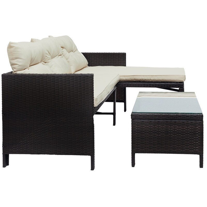 3 PCS Outdoor Rattan Furniture Sofa Set with Beige cushions and table