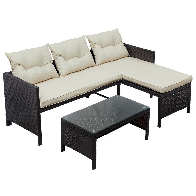 3 PCS Outdoor Rattan Furniture Sofa Set with Beige cushions and table