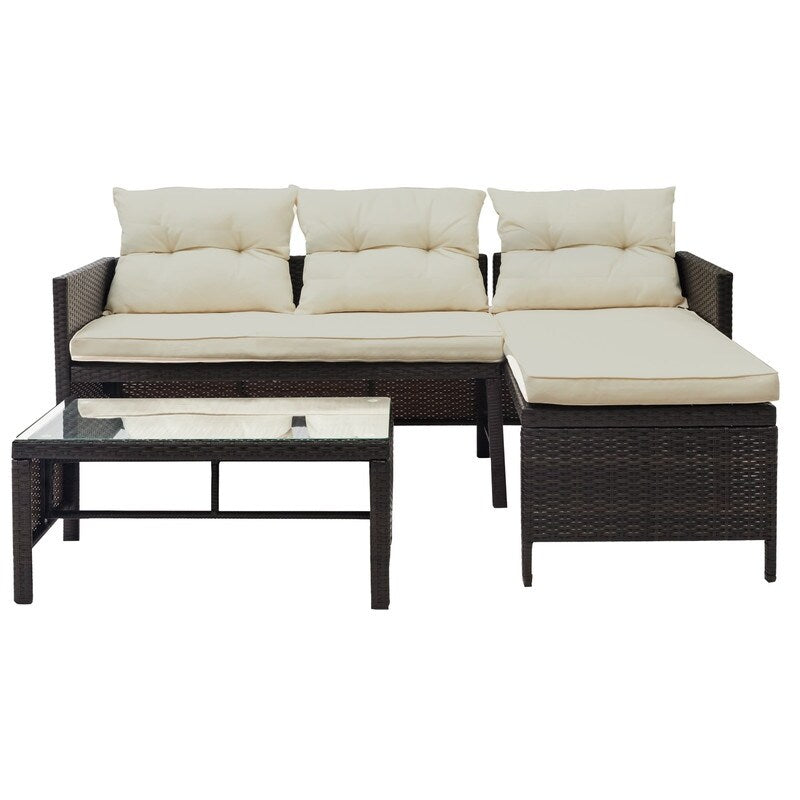 3 PCS Outdoor Rattan Furniture Sofa Set with Beige cushions and table