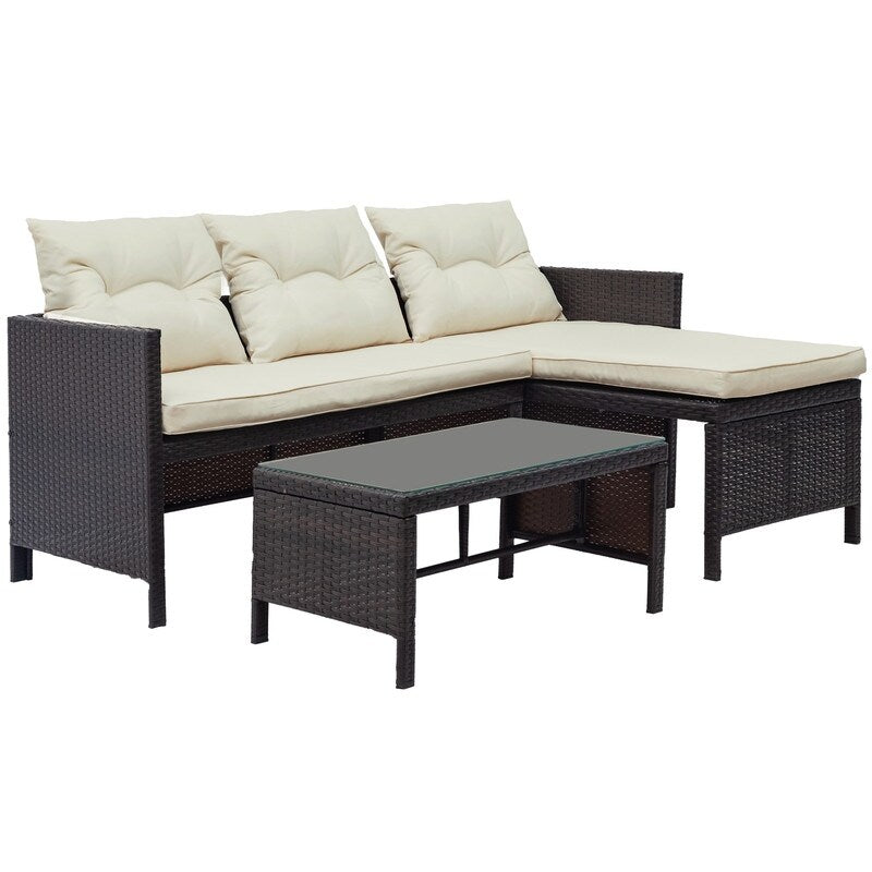3 PCS Outdoor Rattan Furniture Sofa Set with Beige cushions and table