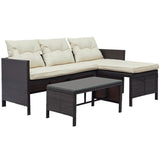 3 PCS Outdoor Rattan Furniture Sofa Set with Beige cushions and table