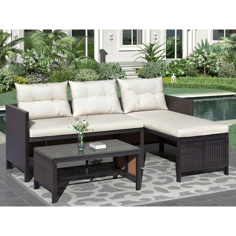 3 PCS Outdoor Rattan Furniture Sofa Set with Beige cushions and table