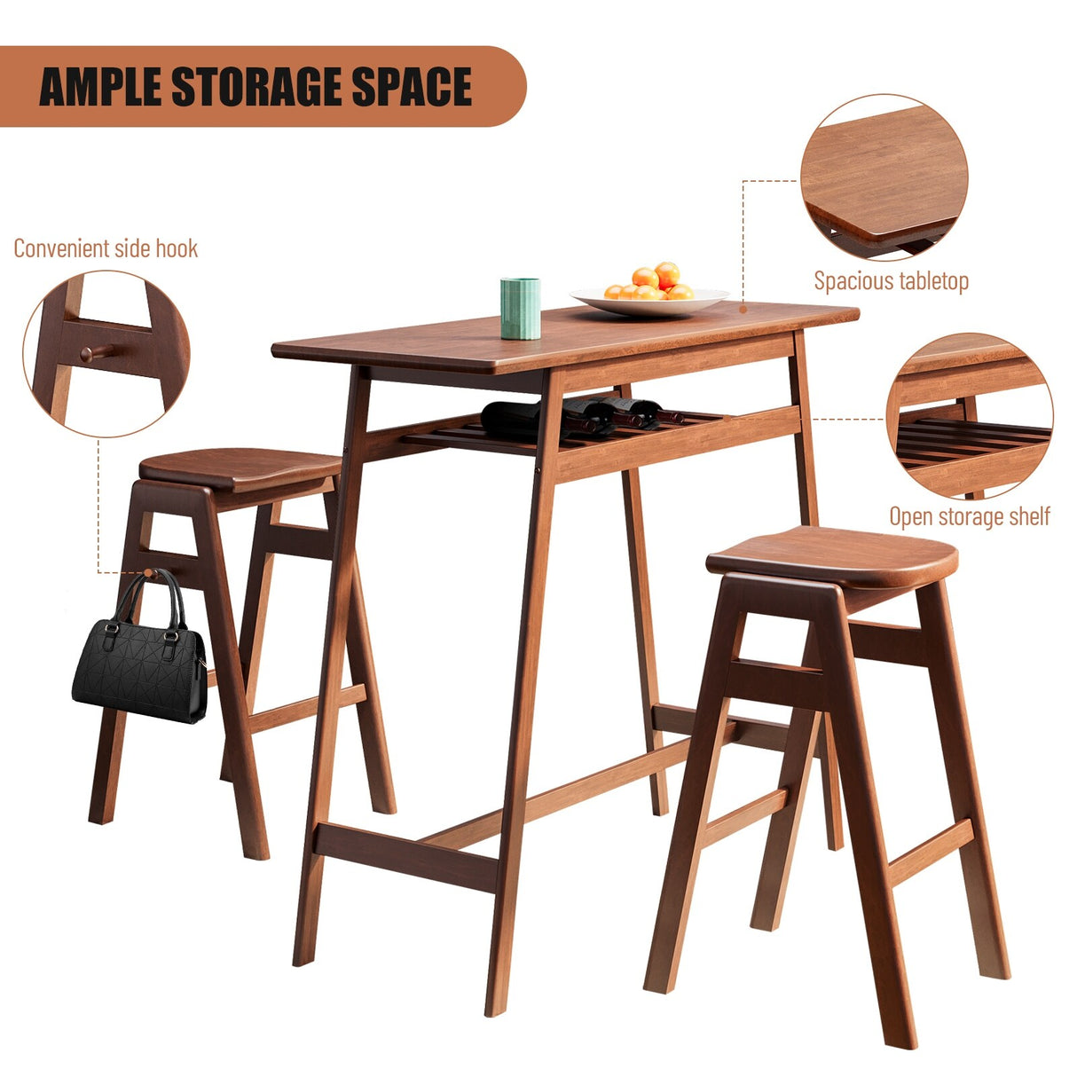 3 PCS Pub Dining Set Retro Bar Table and Stools