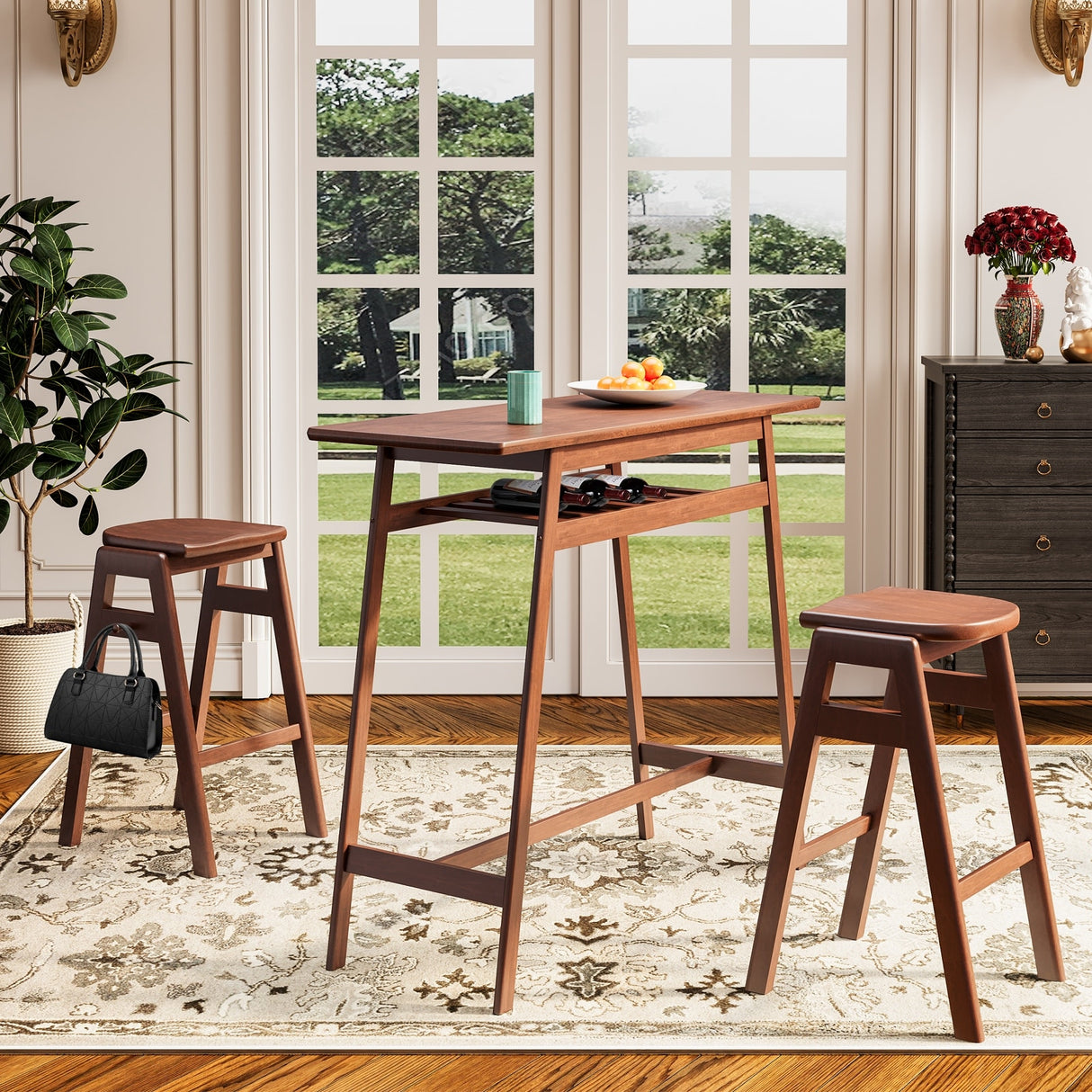 3 PCS Pub Dining Set Retro Bar Table and Stools