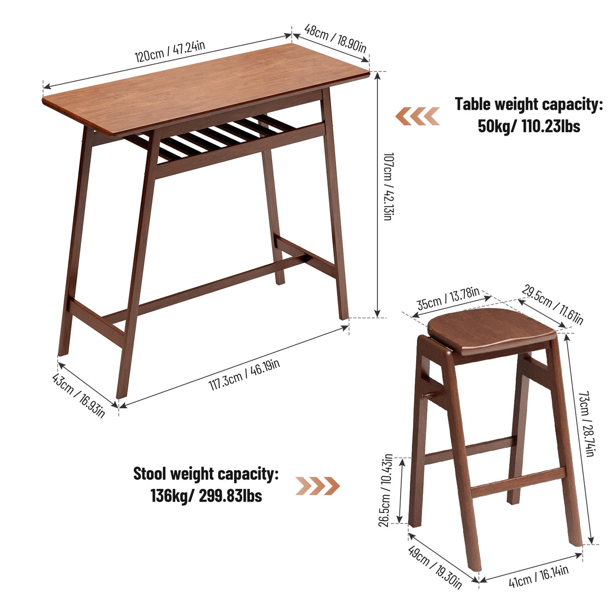 3 PCS Pub Dining Set Retro Bar Table and Stools
