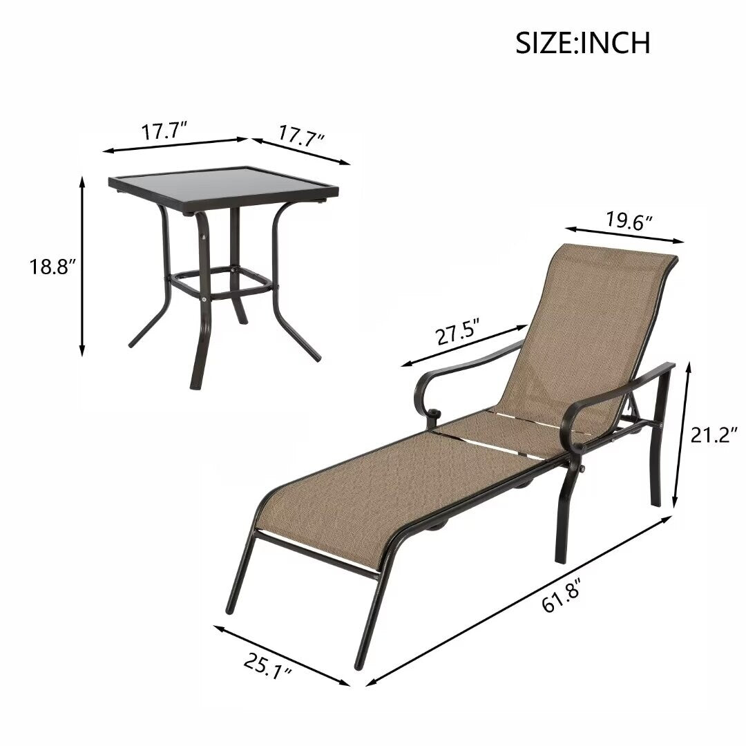 3 Pack Outdoor Patio Lounge Chair,with 5 Adjustable Backrest - 61.8"*25.1"*39.3"