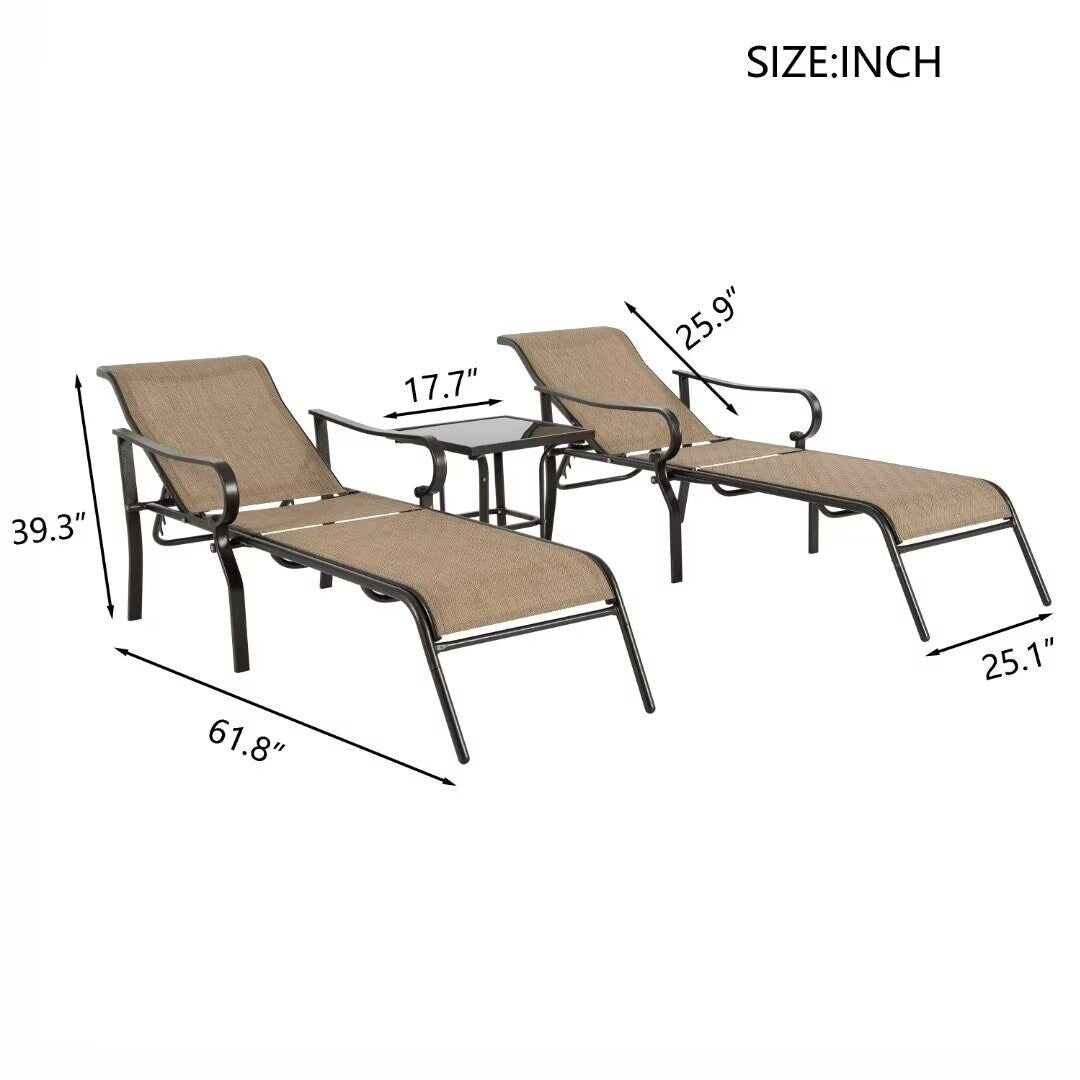 3 Pack Outdoor Patio Lounge Chair,with 5 Adjustable Backrest - 61.8"*25.1"*39.3"