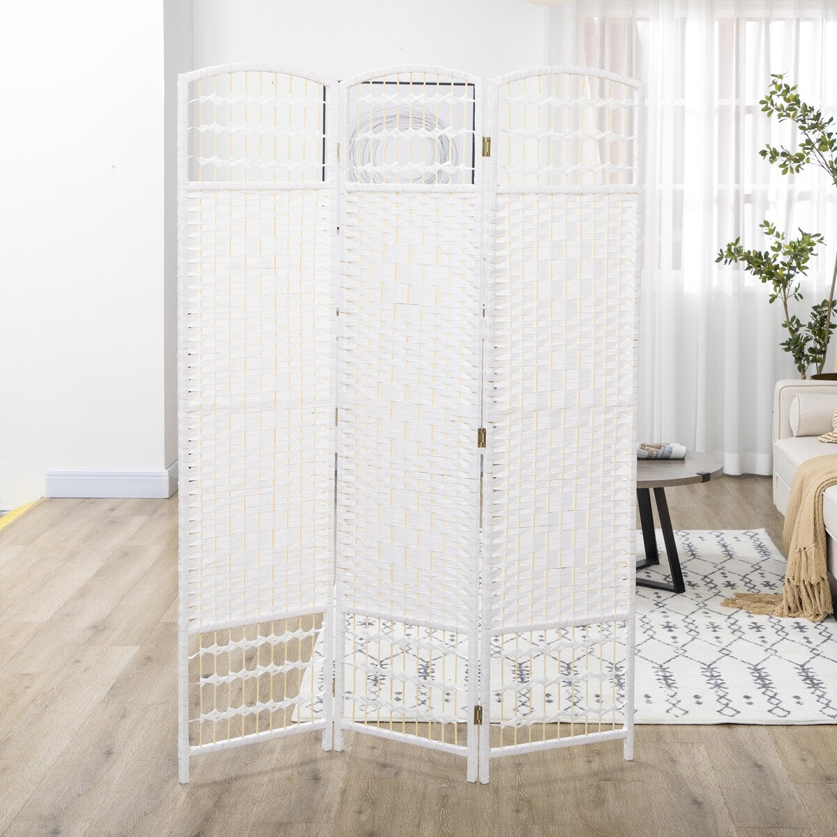 3 Panel Room Divider, Folding Privacy Screen, 5.6' Room Separator, Wave Fiber Freestanding Partition Wall Divider