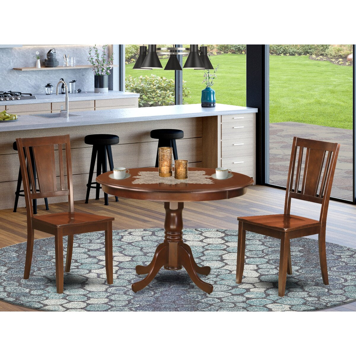 East West Furniture 3 Piece Dining Set- a Dining Table with Pedestal and 2 Chairs, Mahogany(Seat Type Options)