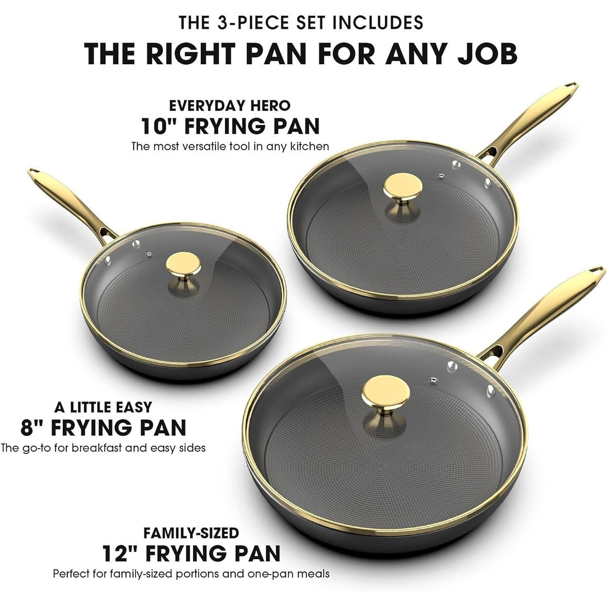 3 Pcs - 8 Inch, 10 Inch and 12 Inch Frying Pans Nonstick with Lid
